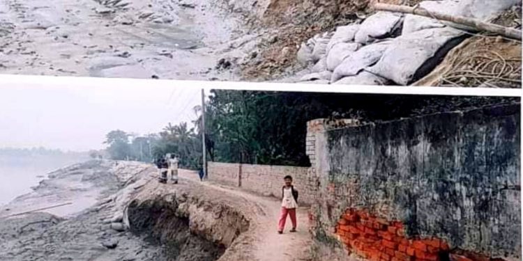 দেবহাটার ইছামতী নদীর পানি কানায় কানায় বেড়ি বাঁধে ভাঙ্গন, জনমনে আতঙ্ক