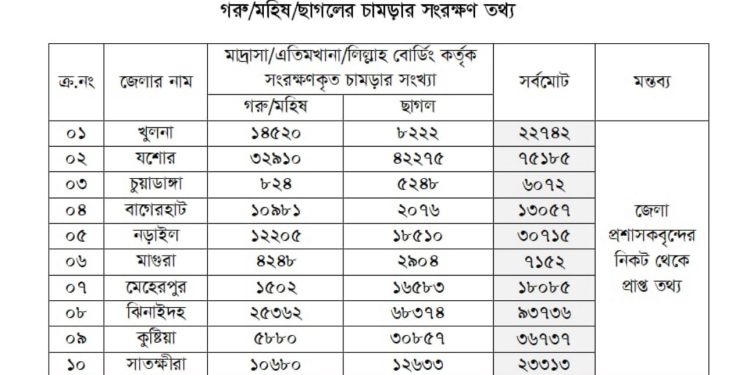 খুলনা বিভাগে সংরক্ষণ করা হয়েছে তিন লাখ ছাব্বিশ হাজার পিস চামড়া